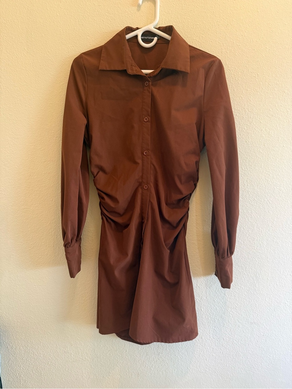 PrettyLittleThing Rust Brown Long-Sleeve Button Shirt Dress